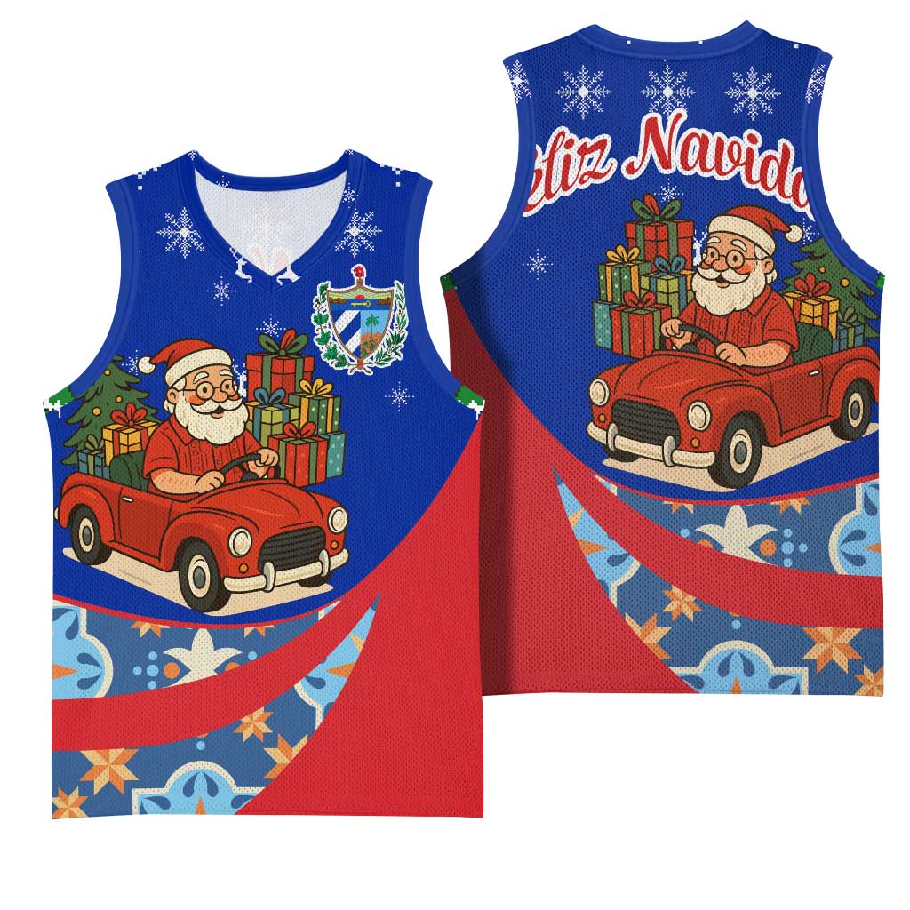 Cuba Christmas Basketball Jersey with Santa Driving Classic Car Cuban Seal Feliz Navidad and Holiday Gift - Wonder Print Shop