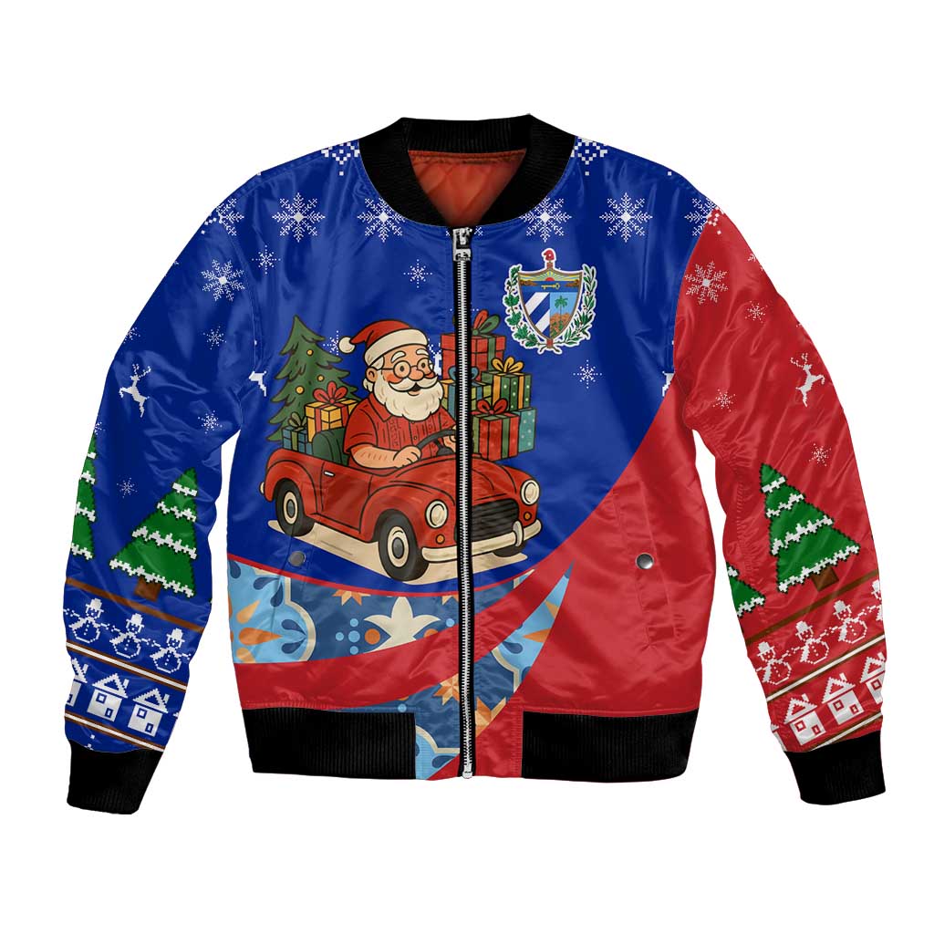 Cuba Christmas Bomber Jacket with Santa Driving Classic Car Cuban Seal Feliz Navidad and Holiday Gift - Wonder Print Shop