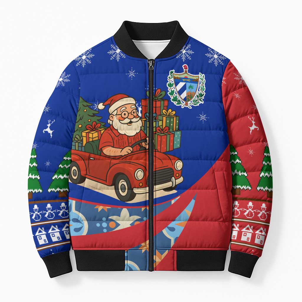 Cuba Christmas Bomber Puffer Jacket with Santa Driving Classic Car Cuban Seal Feliz Navidad and Holiday Gift - Wonder Print Shop