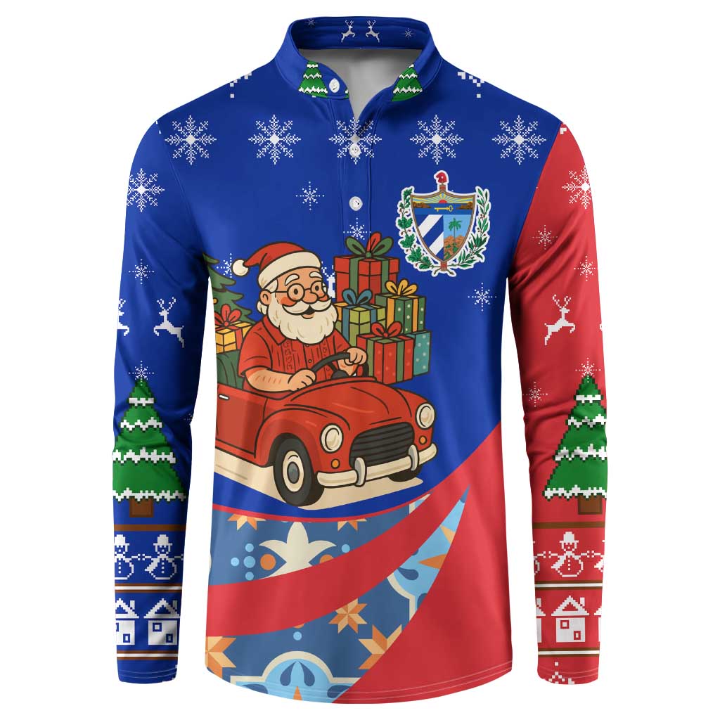 Cuba Christmas Button Sweatshirt with Santa Driving Classic Car Cuban Seal Feliz Navidad and Holiday Gift - Wonder Print Shop