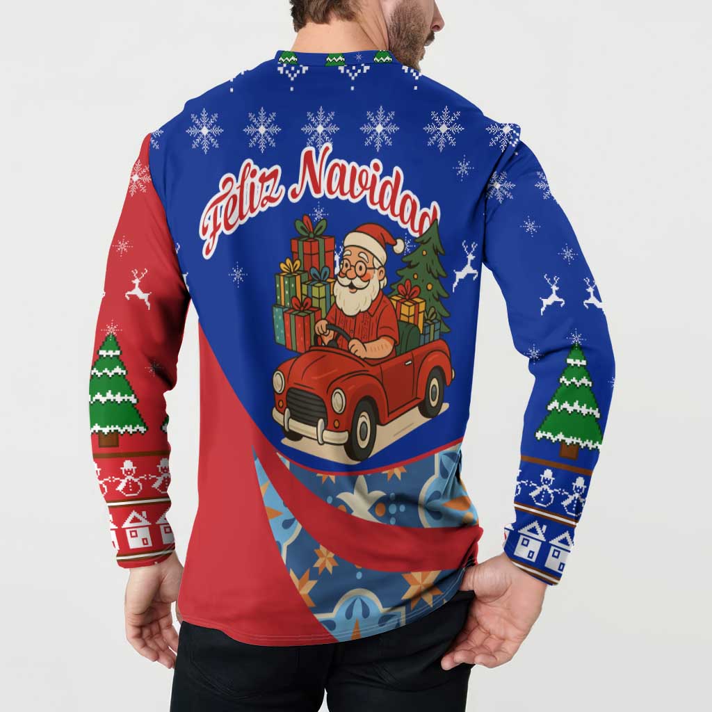 Cuba Christmas Button Sweatshirt with Santa Driving Classic Car Cuban Seal Feliz Navidad and Holiday Gift - Wonder Print Shop