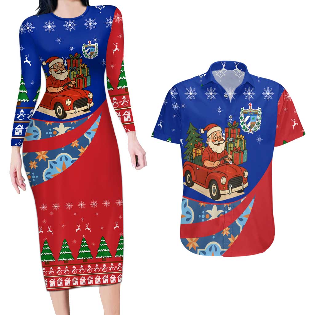 Cuba Christmas Couples Matching Long Sleeve Bodycon Dress and Hawaiian Shirt with Santa Driving Classic Car Cuban Seal Feliz Navidad and Holiday Gift - Wonder Print Shop