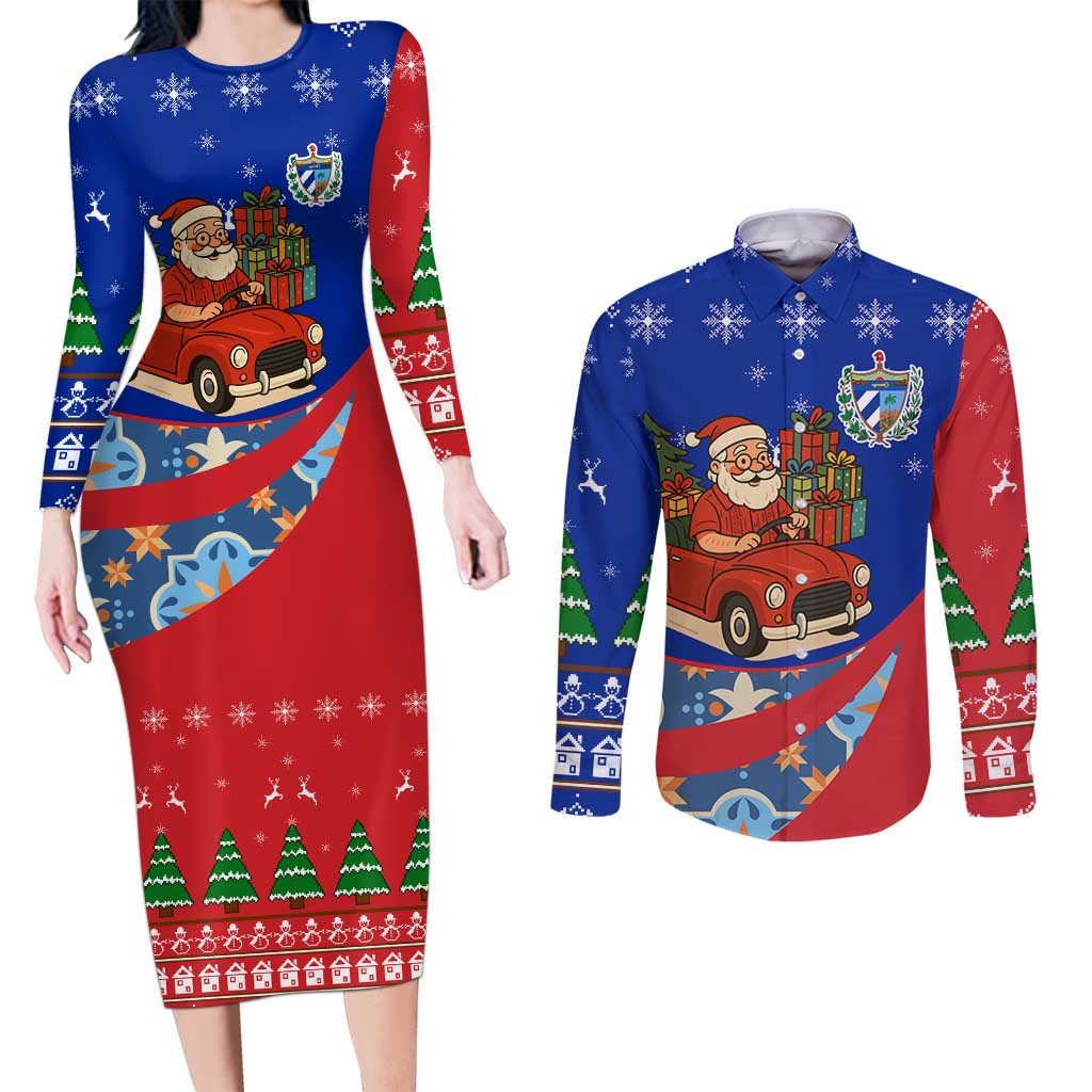 Cuba Christmas Couples Matching Long Sleeve Bodycon Dress and Long Sleeve Button Shirt with Santa Driving Classic Car Cuban Seal Feliz Navidad and Holiday Gift - Wonder Print Shop