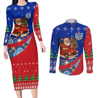 Cuba Christmas Couples Matching Long Sleeve Bodycon Dress and Long Sleeve Button Shirt with Santa Driving Classic Car Cuban Seal Feliz Navidad and Holiday Gift - Wonder Print Shop