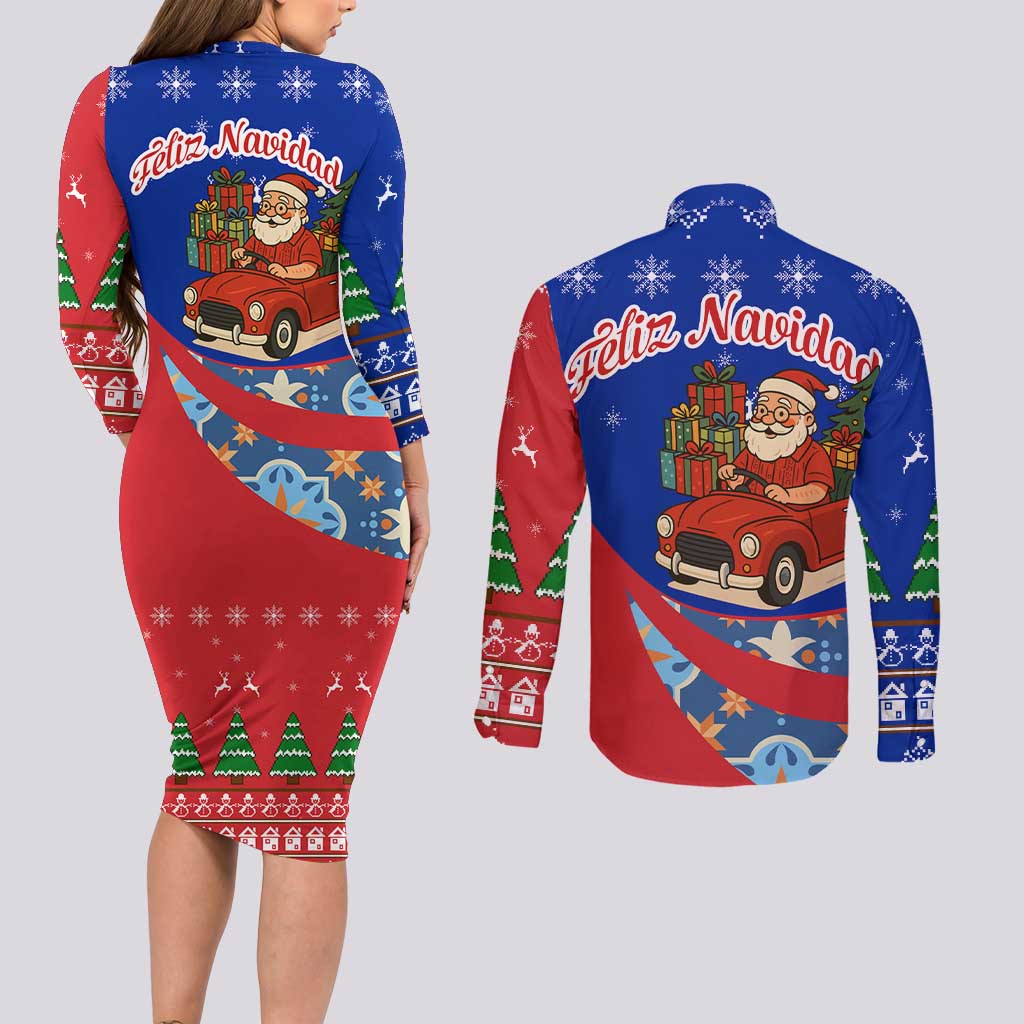 Cuba Christmas Couples Matching Long Sleeve Bodycon Dress and Long Sleeve Button Shirt with Santa Driving Classic Car Cuban Seal Feliz Navidad and Holiday Gift - Wonder Print Shop