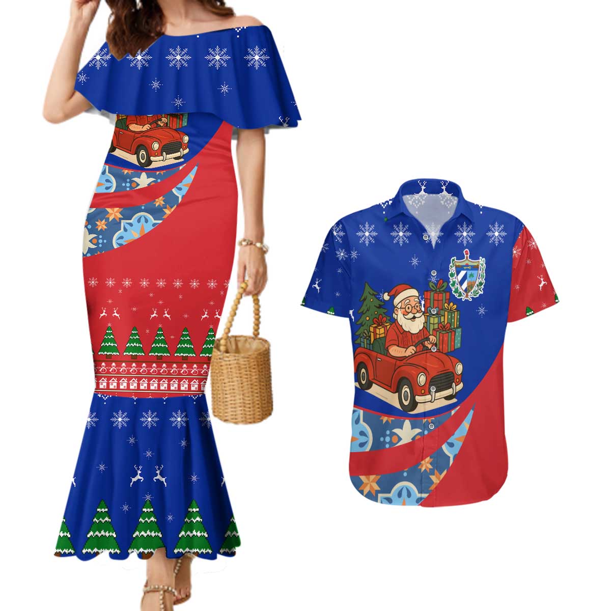 Cuba Christmas Couples Matching Mermaid Dress and Hawaiian Shirt with Santa Driving Classic Car Cuban Seal Feliz Navidad and Holiday Gift - Wonder Print Shop