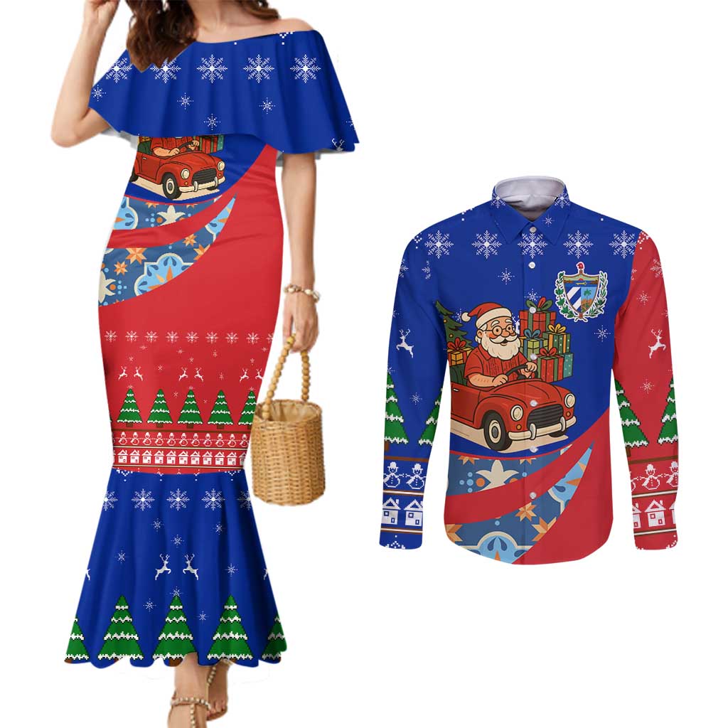 Cuba Christmas Couples Matching Mermaid Dress and Long Sleeve Button Shirt with Santa Driving Classic Car Cuban Seal Feliz Navidad and Holiday Gift - Wonder Print Shop