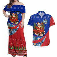 Cuba Christmas Couples Matching Off Shoulder Maxi Dress and Hawaiian Shirt with Santa Driving Classic Car Cuban Seal Feliz Navidad and Holiday Gift - Wonder Print Shop