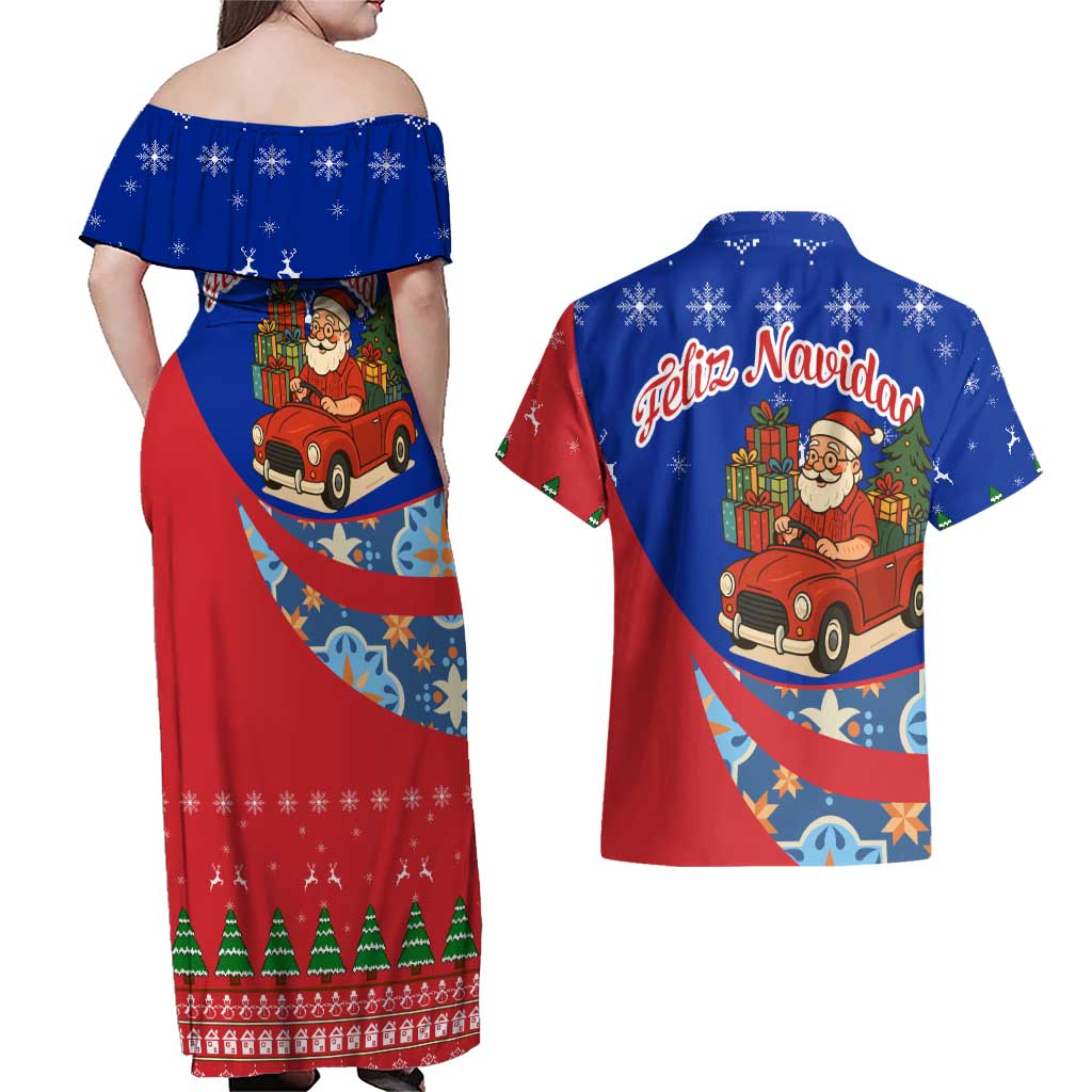 Cuba Christmas Couples Matching Off Shoulder Maxi Dress and Hawaiian Shirt with Santa Driving Classic Car Cuban Seal Feliz Navidad and Holiday Gift - Wonder Print Shop