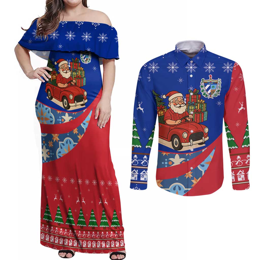 Cuba Christmas Couples Matching Off Shoulder Maxi Dress and Long Sleeve Button Shirt with Santa Driving Classic Car Cuban Seal Feliz Navidad and Holiday Gift - Wonder Print Shop