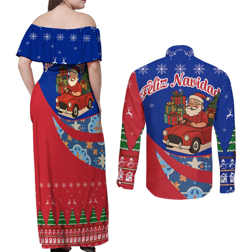Cuba Christmas Couples Matching Off Shoulder Maxi Dress and Long Sleeve Button Shirt with Santa Driving Classic Car Cuban Seal Feliz Navidad and Holiday Gift - Wonder Print Shop