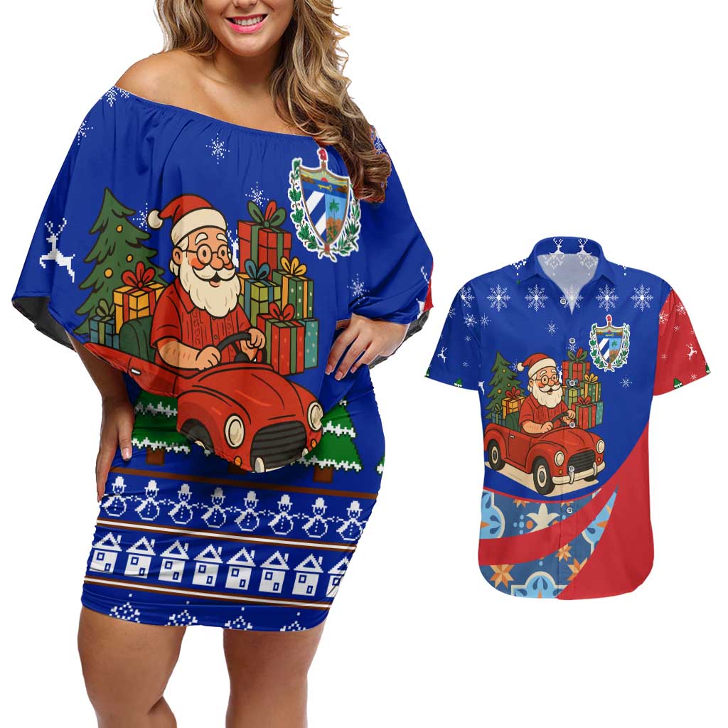Cuba Christmas Couples Matching Off Shoulder Short Dress and Hawaiian Shirt with Santa Driving Classic Car Cuban Seal Feliz Navidad and Holiday Gift - Wonder Print Shop