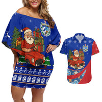 Cuba Christmas Couples Matching Off Shoulder Short Dress and Hawaiian Shirt with Santa Driving Classic Car Cuban Seal Feliz Navidad and Holiday Gift - Wonder Print Shop
