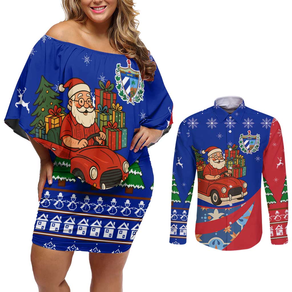 Cuba Christmas Couples Matching Off Shoulder Short Dress and Long Sleeve Button Shirt with Santa Driving Classic Car Cuban Seal Feliz Navidad and Holiday Gift - Wonder Print Shop