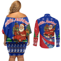 Cuba Christmas Couples Matching Off Shoulder Short Dress and Long Sleeve Button Shirt with Santa Driving Classic Car Cuban Seal Feliz Navidad and Holiday Gift - Wonder Print Shop