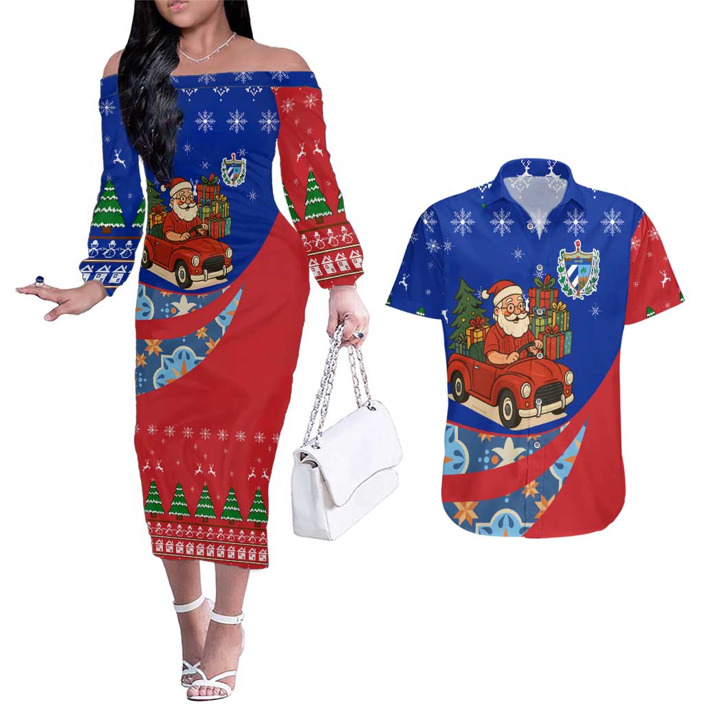 Cuba Christmas Couples Matching Off The Shoulder Long Sleeve Dress and Hawaiian Shirt with Santa Driving Classic Car Cuban Seal Feliz Navidad and Holiday Gift - Wonder Print Shop