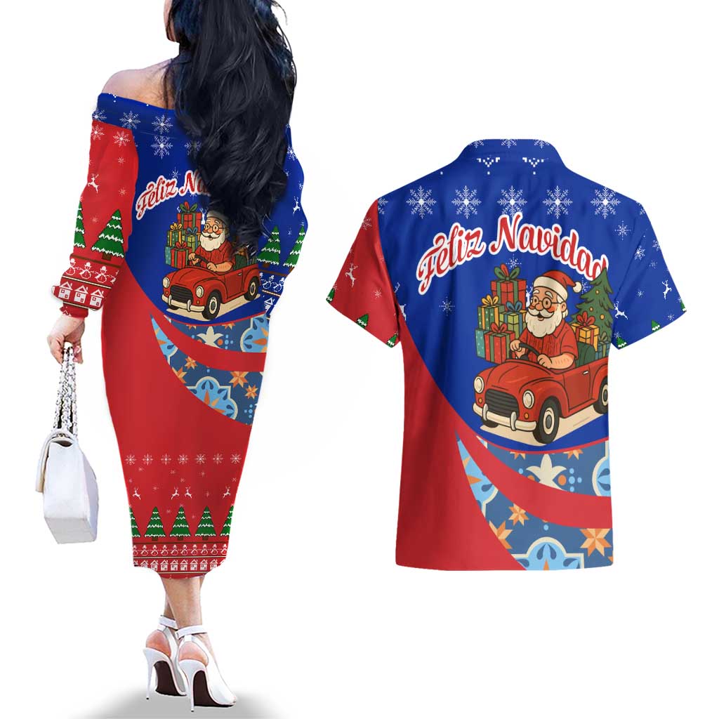 Cuba Christmas Couples Matching Off The Shoulder Long Sleeve Dress and Hawaiian Shirt with Santa Driving Classic Car Cuban Seal Feliz Navidad and Holiday Gift - Wonder Print Shop