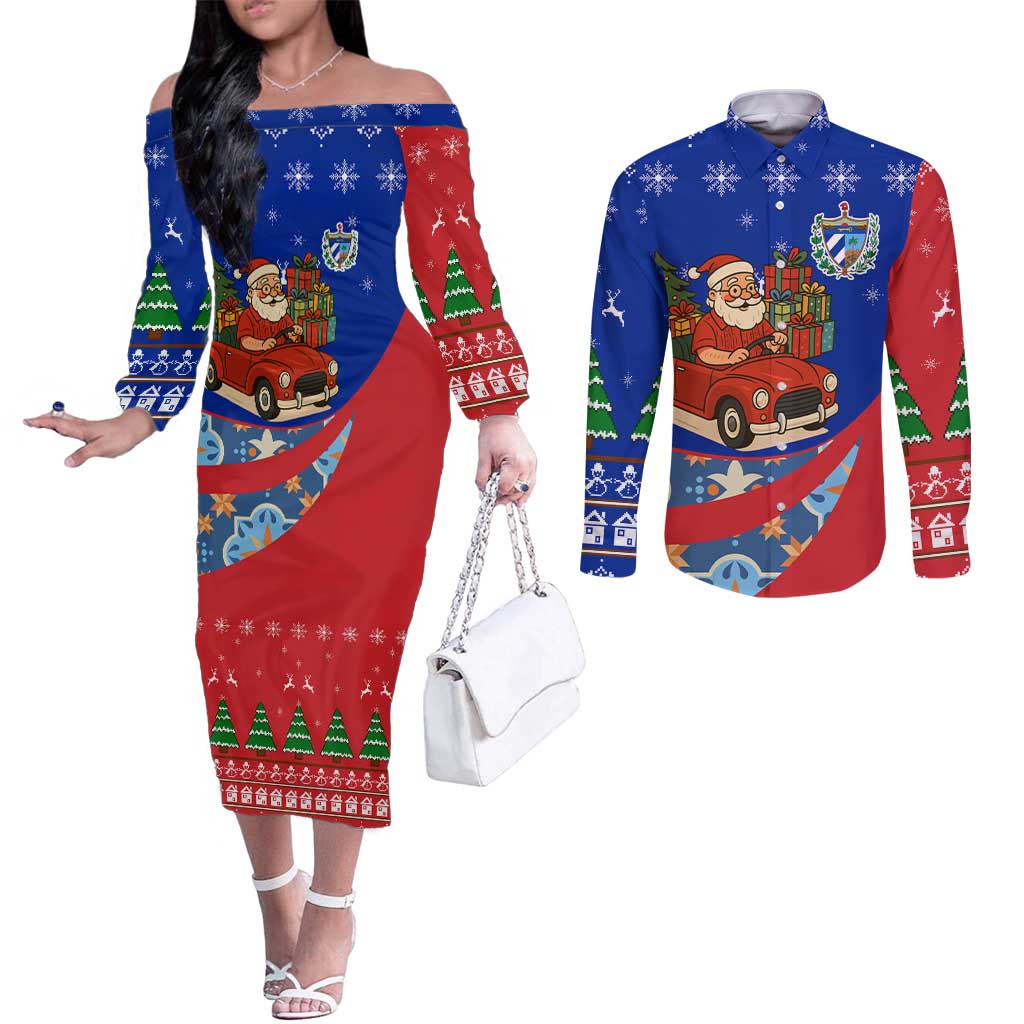 Cuba Christmas Couples Matching Off The Shoulder Long Sleeve Dress and Long Sleeve Button Shirt with Santa Driving Classic Car Cuban Seal Feliz Navidad and Holiday Gift - Wonder Print Shop