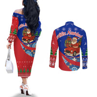 Cuba Christmas Couples Matching Off The Shoulder Long Sleeve Dress and Long Sleeve Button Shirt with Santa Driving Classic Car Cuban Seal Feliz Navidad and Holiday Gift - Wonder Print Shop