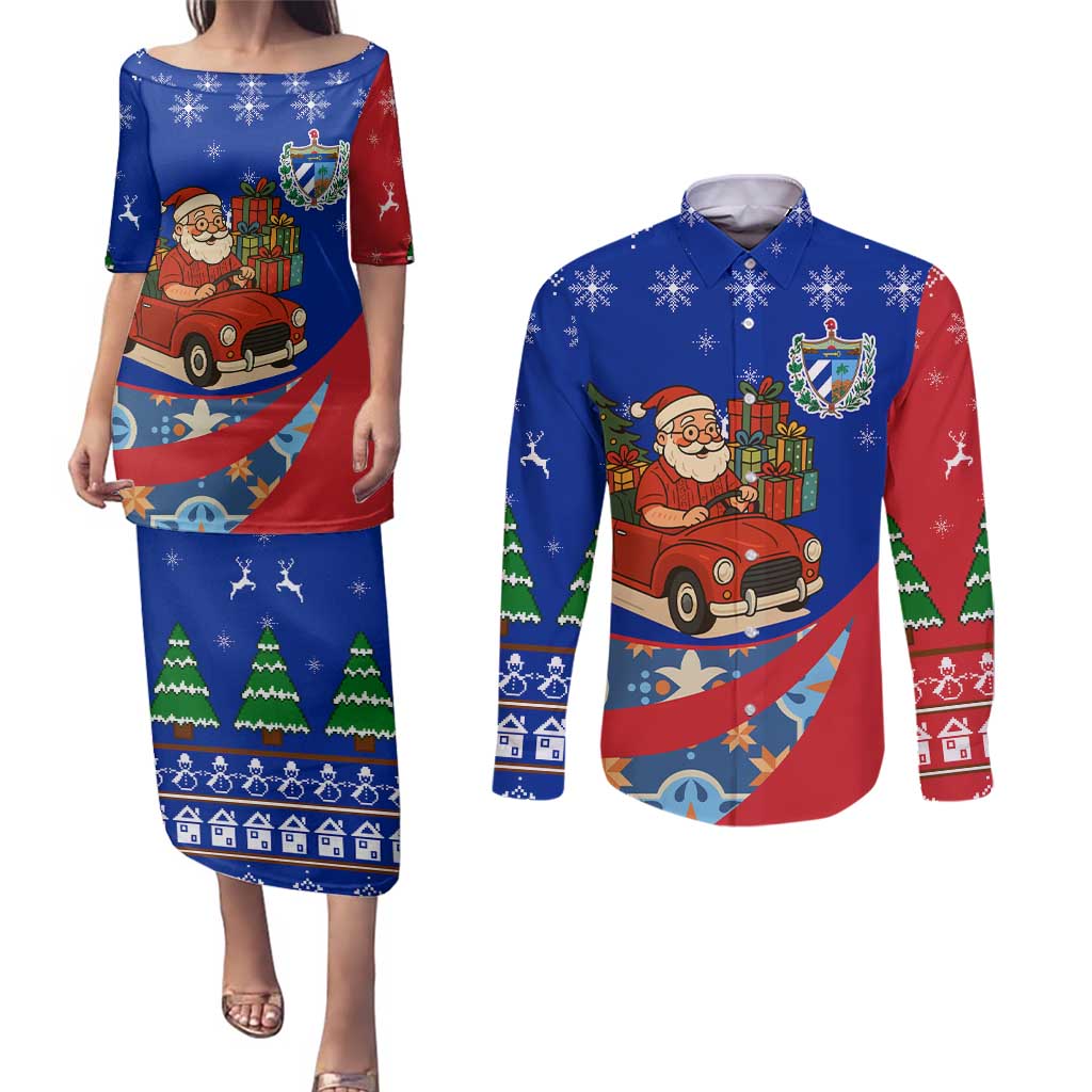 Cuba Christmas Couples Matching Puletasi and Long Sleeve Button Shirt with Santa Driving Classic Car Cuban Seal Feliz Navidad and Holiday Gift - Wonder Print Shop