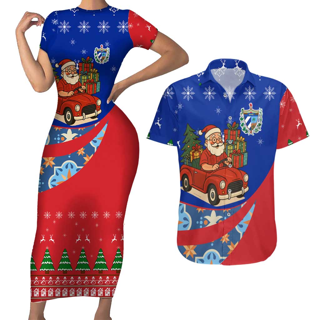Cuba Christmas Couples Matching Short Sleeve Bodycon Dress and Hawaiian Shirt with Santa Driving Classic Car Cuban Seal Feliz Navidad and Holiday Gift - Wonder Print Shop