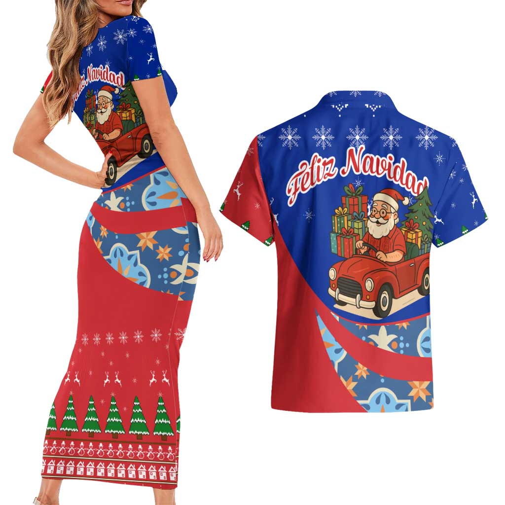 Cuba Christmas Couples Matching Short Sleeve Bodycon Dress and Hawaiian Shirt with Santa Driving Classic Car Cuban Seal Feliz Navidad and Holiday Gift - Wonder Print Shop