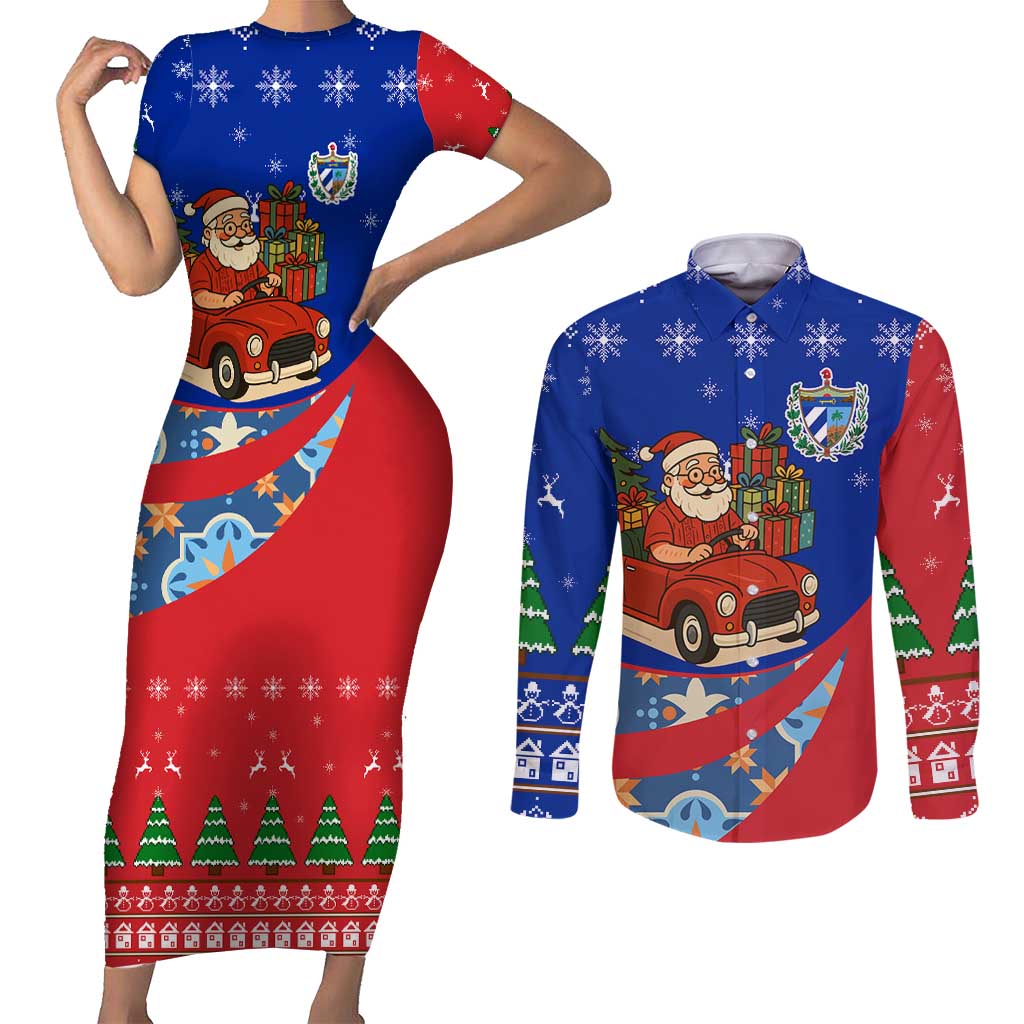 Cuba Christmas Couples Matching Short Sleeve Bodycon Dress and Long Sleeve Button Shirt with Santa Driving Classic Car Cuban Seal Feliz Navidad and Holiday Gift - Wonder Print Shop