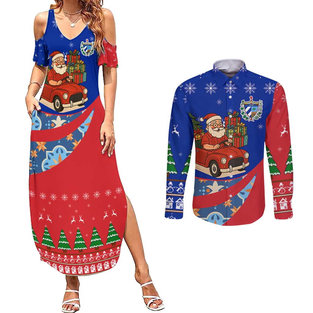 Cuba Christmas Couples Matching Summer Maxi Dress and Long Sleeve Button Shirt with Santa Driving Classic Car Cuban Seal Feliz Navidad and Holiday Gift - Wonder Print Shop