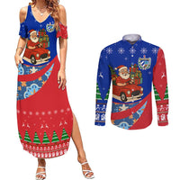 Cuba Christmas Couples Matching Summer Maxi Dress and Long Sleeve Button Shirt with Santa Driving Classic Car Cuban Seal Feliz Navidad and Holiday Gift - Wonder Print Shop