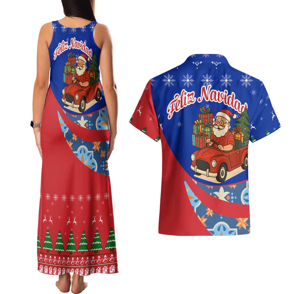 Cuba Christmas Couples Matching Tank Maxi Dress and Hawaiian Shirt with Santa Driving Classic Car Cuban Seal Feliz Navidad and Holiday Gift - Wonder Print Shop