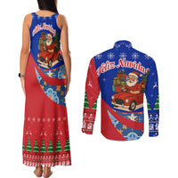Cuba Christmas Couples Matching Tank Maxi Dress and Long Sleeve Button Shirt with Santa Driving Classic Car Cuban Seal Feliz Navidad and Holiday Gift - Wonder Print Shop