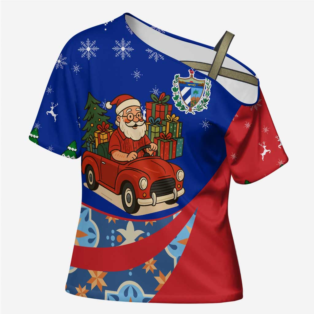 Cuba Christmas Cross Shoulder Shirt with Santa Driving Classic Car Cuban Seal Feliz Navidad and Holiday Gift - Wonder Print Shop