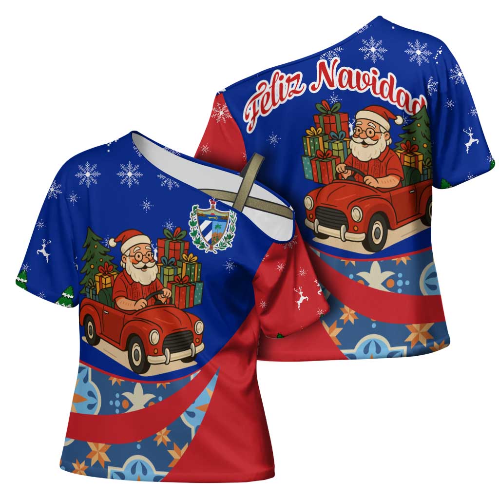Cuba Christmas Cross Shoulder Shirt with Santa Driving Classic Car Cuban Seal Feliz Navidad and Holiday Gift - Wonder Print Shop