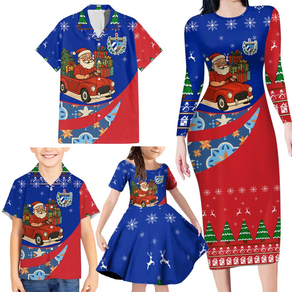 Cuba Christmas Family Matching Long Sleeve Bodycon Dress and Hawaiian Shirt with Santa Driving Classic Car Cuban Seal Feliz Navidad and Holiday Gift - Wonder Print Shop