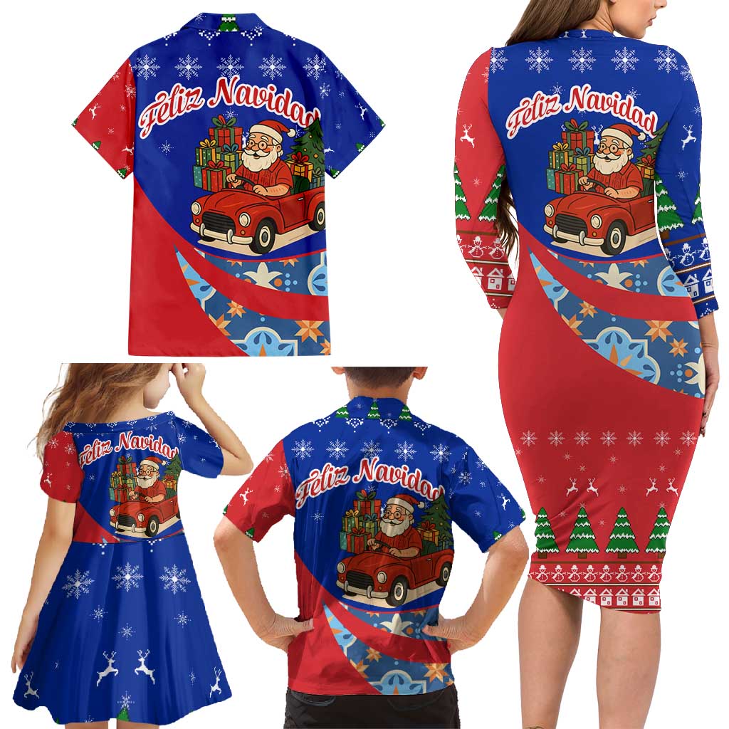 Cuba Christmas Family Matching Long Sleeve Bodycon Dress and Hawaiian Shirt with Santa Driving Classic Car Cuban Seal Feliz Navidad and Holiday Gift - Wonder Print Shop
