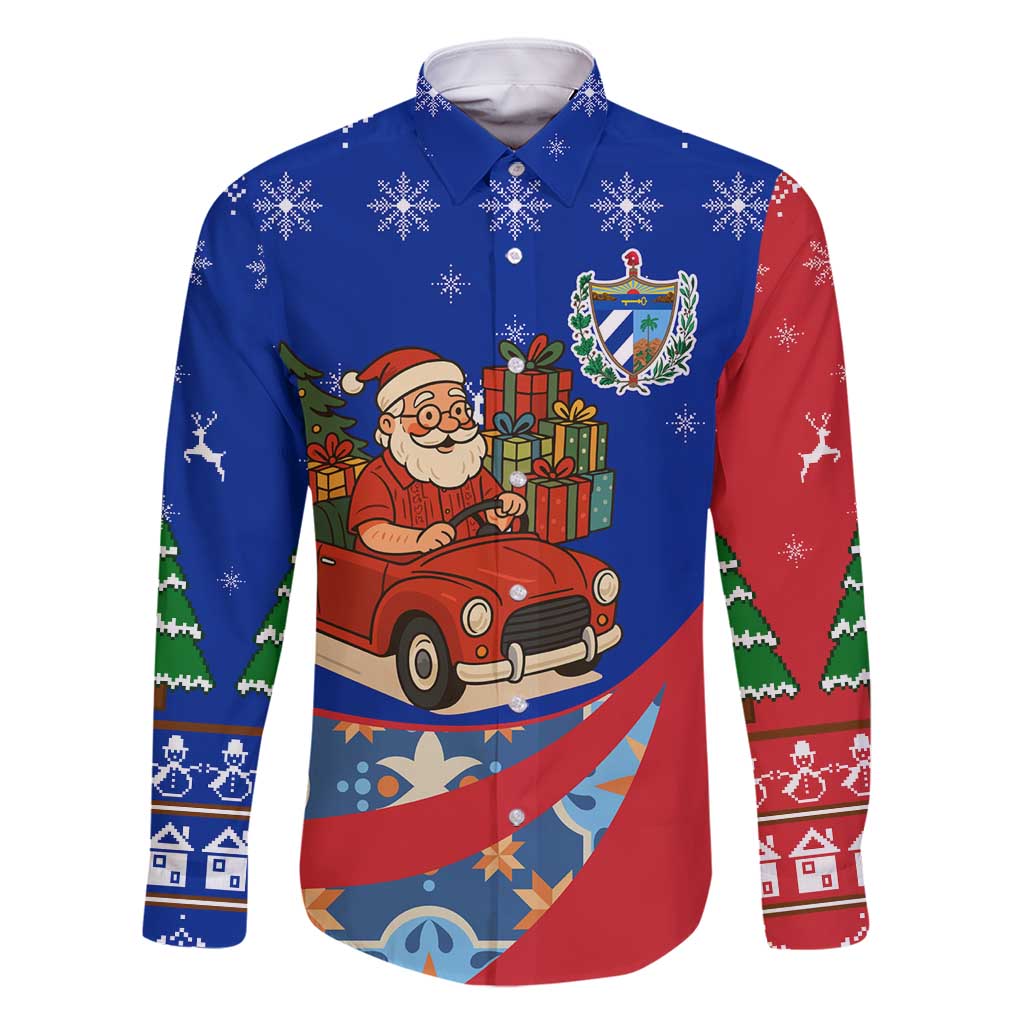 Cuba Christmas Family Matching Long Sleeve Bodycon Dress and Hawaiian Shirt with Santa Driving Classic Car Cuban Seal Feliz Navidad and Holiday Gift - Wonder Print Shop