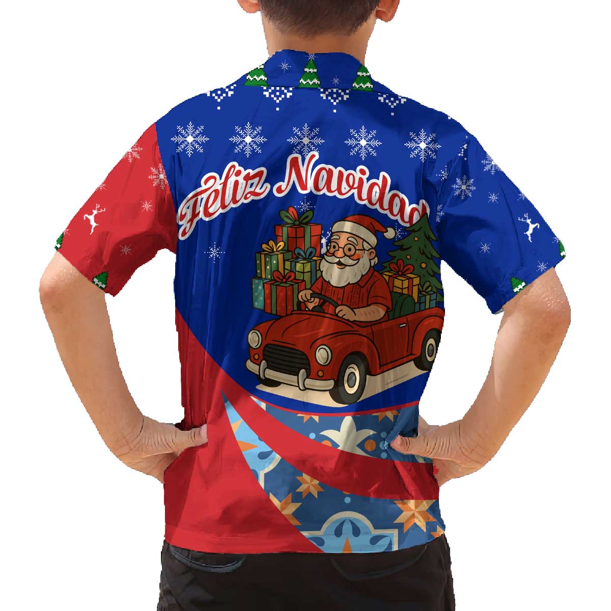 Cuba Christmas Family Matching Off The Shoulder Long Sleeve Dress and Hawaiian Shirt with Santa Driving Classic Car Cuban Seal Feliz Navidad and Holiday Gift - Wonder Print Shop