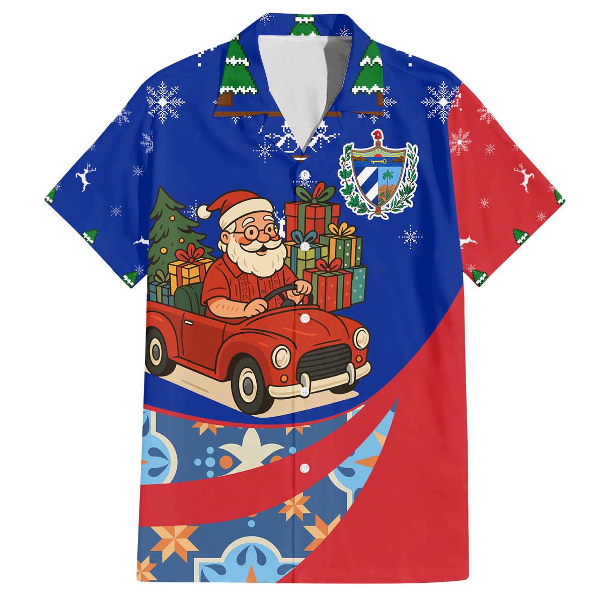 Cuba Christmas Family Matching Off The Shoulder Long Sleeve Dress and Hawaiian Shirt with Santa Driving Classic Car Cuban Seal Feliz Navidad and Holiday Gift - Wonder Print Shop