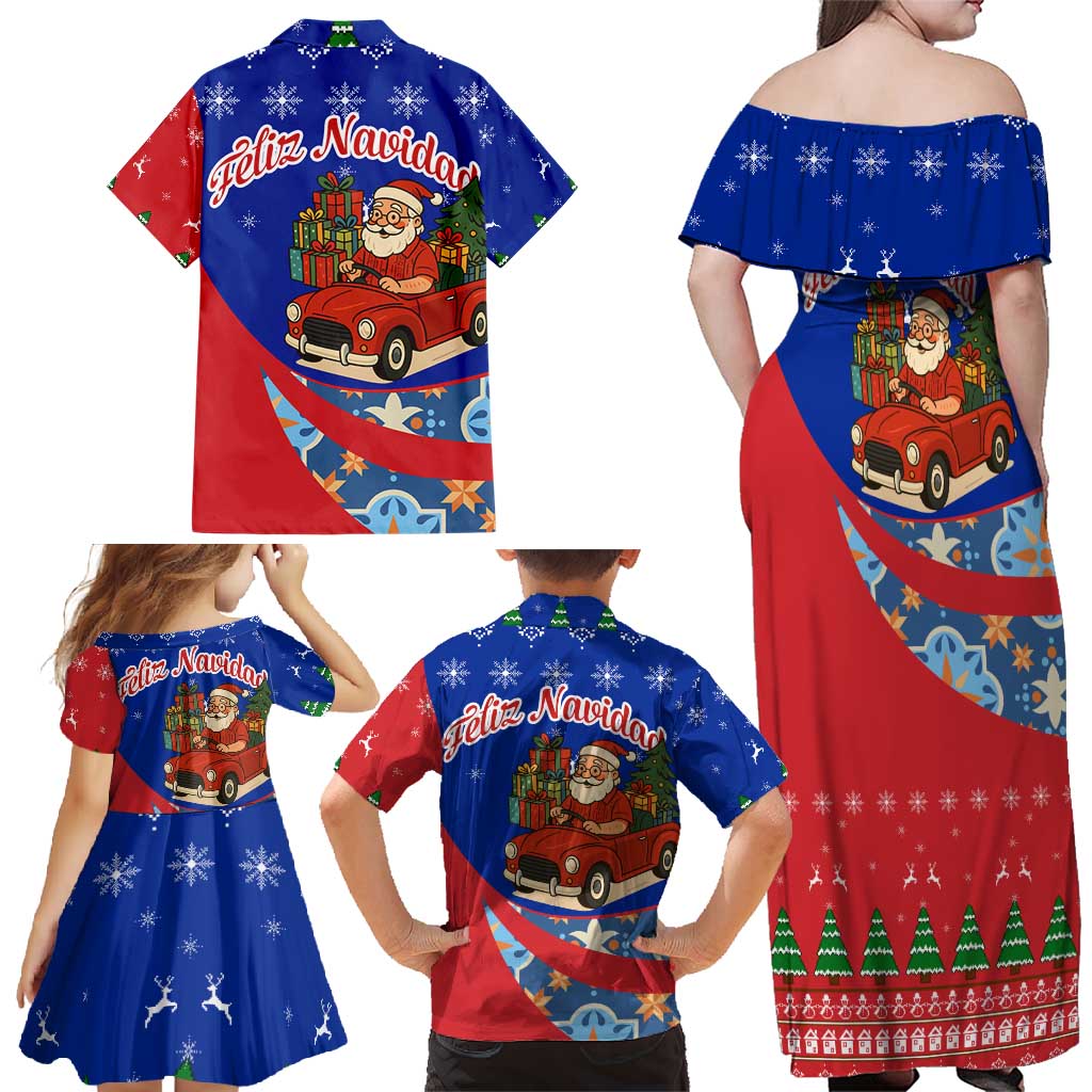 Cuba Christmas Family Matching Off Shoulder Maxi Dress and Hawaiian Shirt with Santa Driving Classic Car Cuban Seal Feliz Navidad and Holiday Gift - Wonder Print Shop