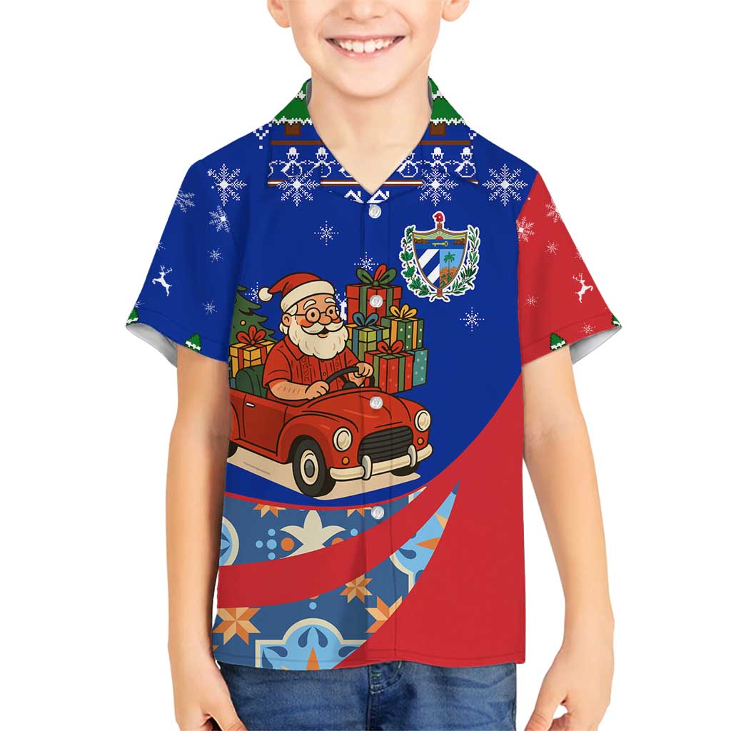 Cuba Christmas Family Matching Off Shoulder Maxi Dress and Hawaiian Shirt with Santa Driving Classic Car Cuban Seal Feliz Navidad and Holiday Gift - Wonder Print Shop
