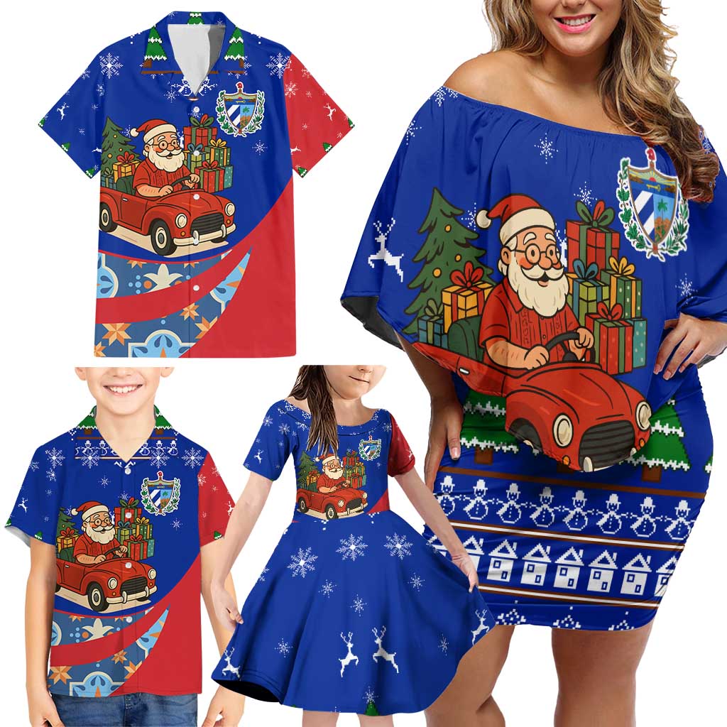 Cuba Christmas Family Matching Off Shoulder Short Dress and Hawaiian Shirt with Santa Driving Classic Car Cuban Seal Feliz Navidad and Holiday Gift - Wonder Print Shop
