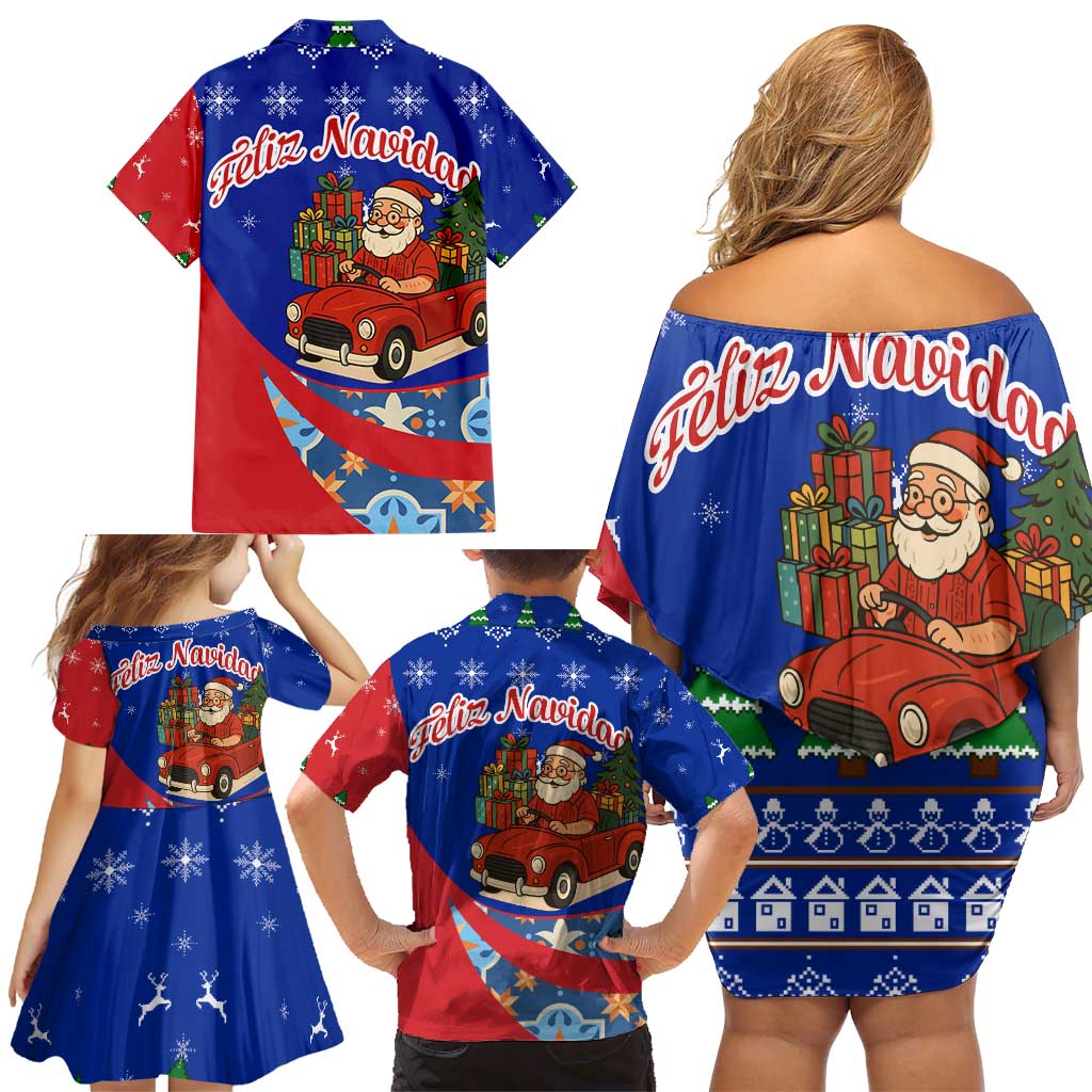 Cuba Christmas Family Matching Off Shoulder Short Dress and Hawaiian Shirt with Santa Driving Classic Car Cuban Seal Feliz Navidad and Holiday Gift - Wonder Print Shop