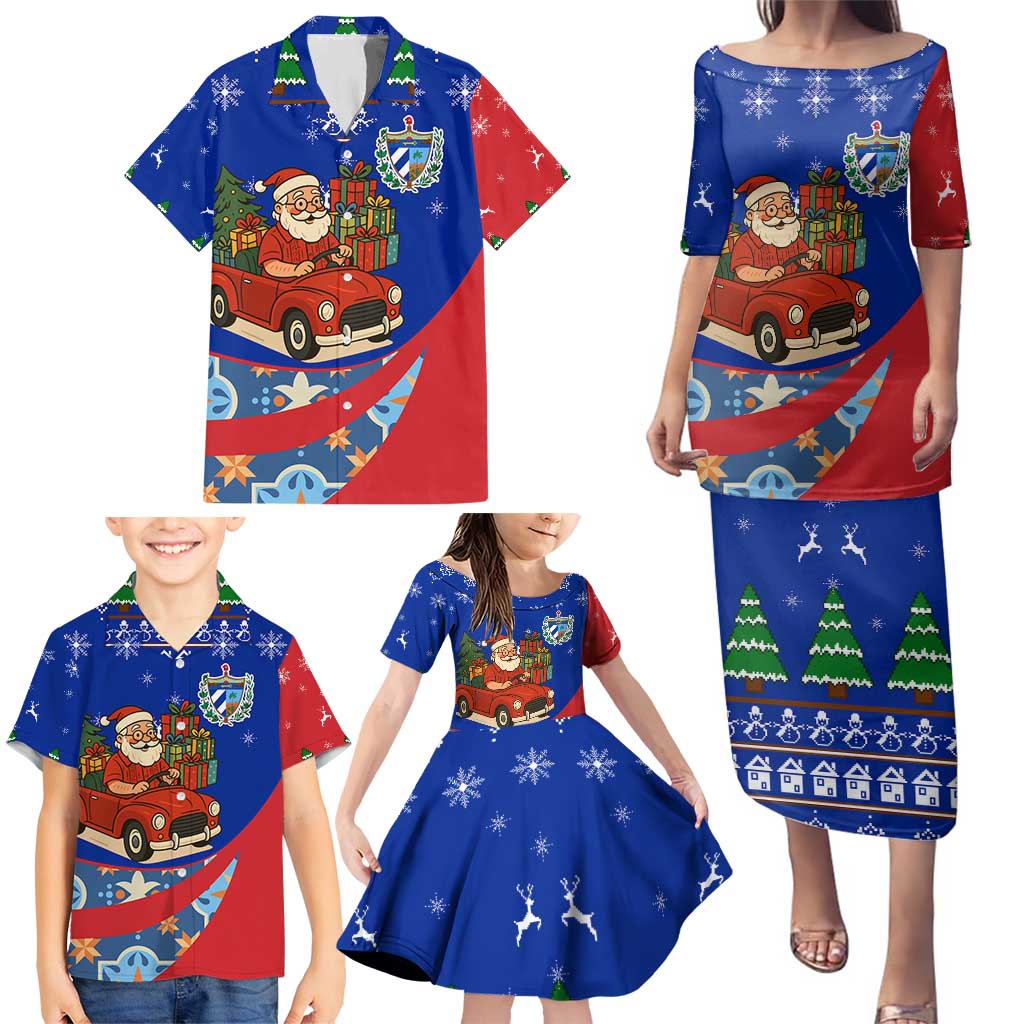 Cuba Christmas Family Matching Puletasi and Hawaiian Shirt with Santa Driving Classic Car Cuban Seal Feliz Navidad and Holiday Gift - Wonder Print Shop