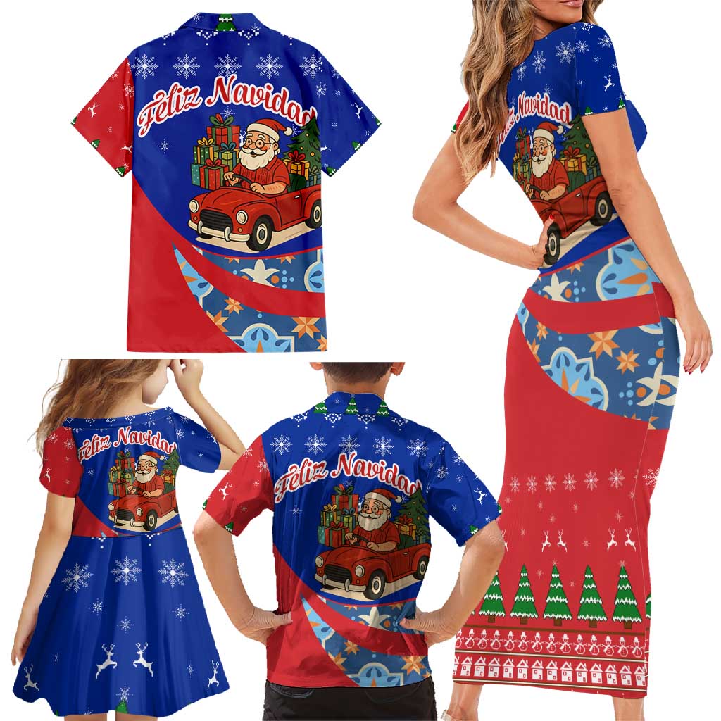 Cuba Christmas Family Matching Short Sleeve Bodycon Dress and Hawaiian Shirt with Santa Driving Classic Car Cuban Seal Feliz Navidad and Holiday Gift - Wonder Print Shop