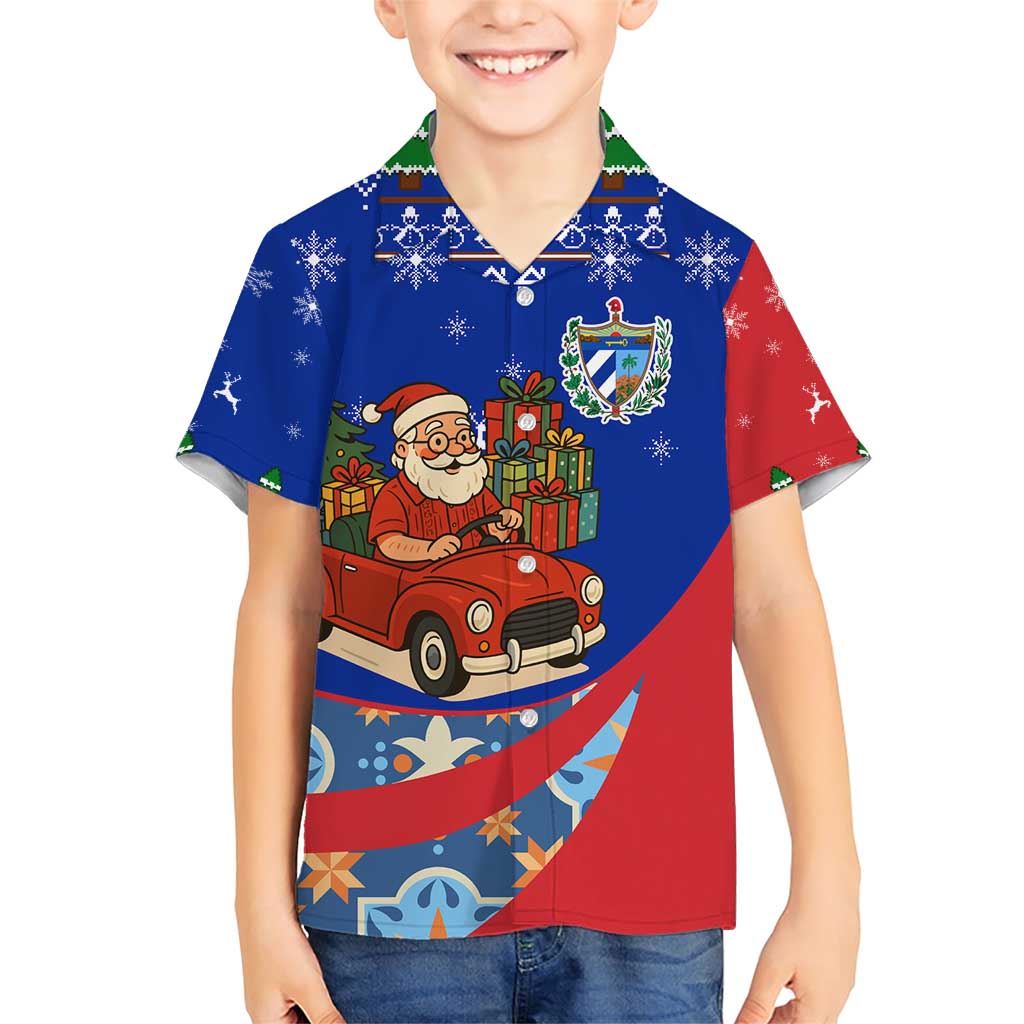Cuba Christmas Family Matching Short Sleeve Bodycon Dress and Hawaiian Shirt with Santa Driving Classic Car Cuban Seal Feliz Navidad and Holiday Gift - Wonder Print Shop