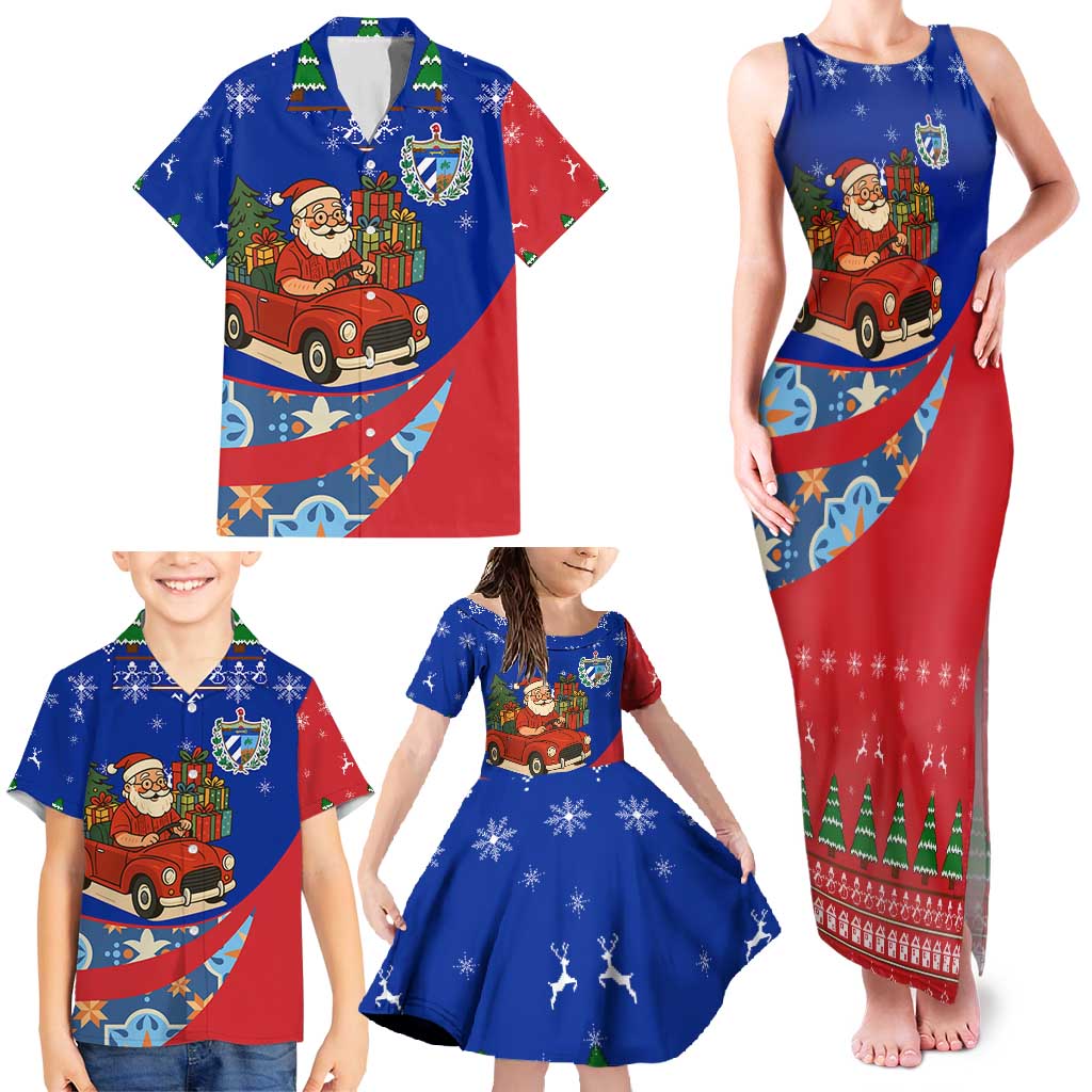 Cuba Christmas Family Matching Tank Maxi Dress and Hawaiian Shirt with Santa Driving Classic Car Cuban Seal Feliz Navidad and Holiday Gift - Wonder Print Shop