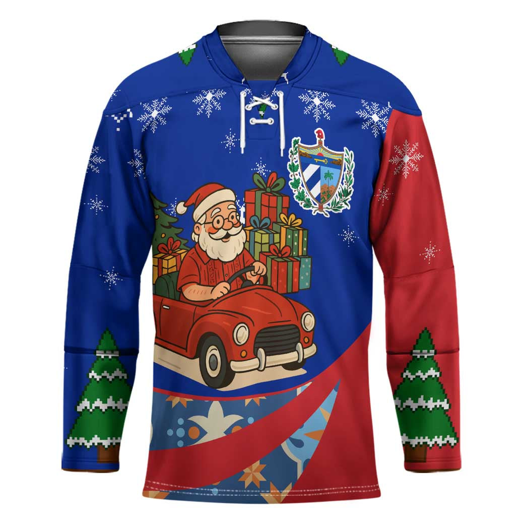 Cuba Christmas Hockey Jersey with Santa Driving Classic Car Cuban Seal Feliz Navidad and Holiday Gift - Wonder Print Shop