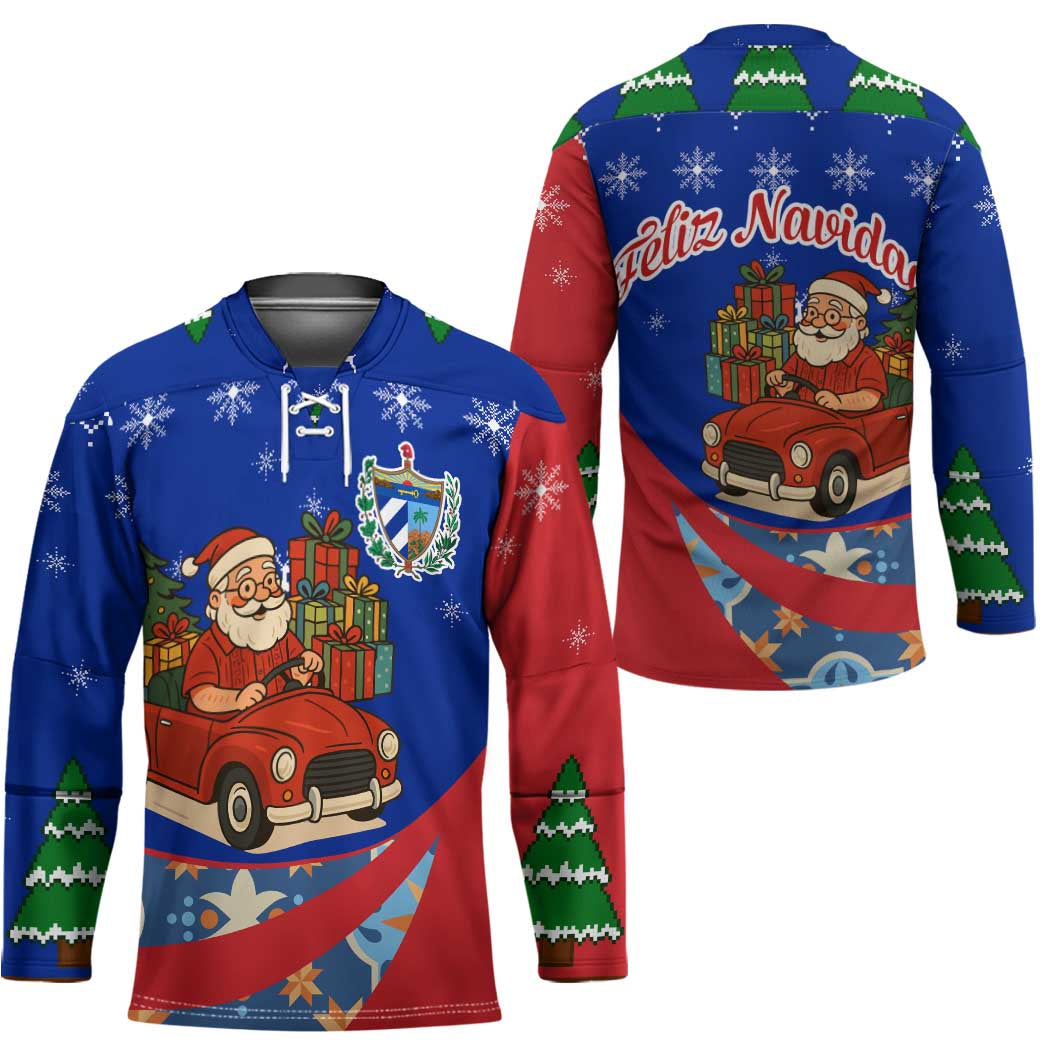 Cuba Christmas Hockey Jersey with Santa Driving Classic Car Cuban Seal Feliz Navidad and Holiday Gift - Wonder Print Shop