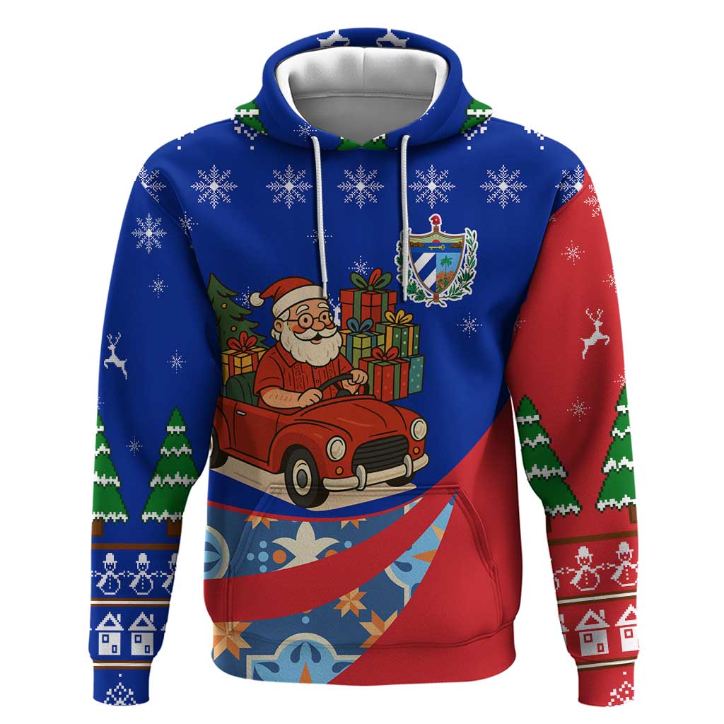 Cuba Christmas Hoodie with Santa Driving Classic Car Cuban Seal Feliz Navidad and Holiday Gift - Wonder Print Shop