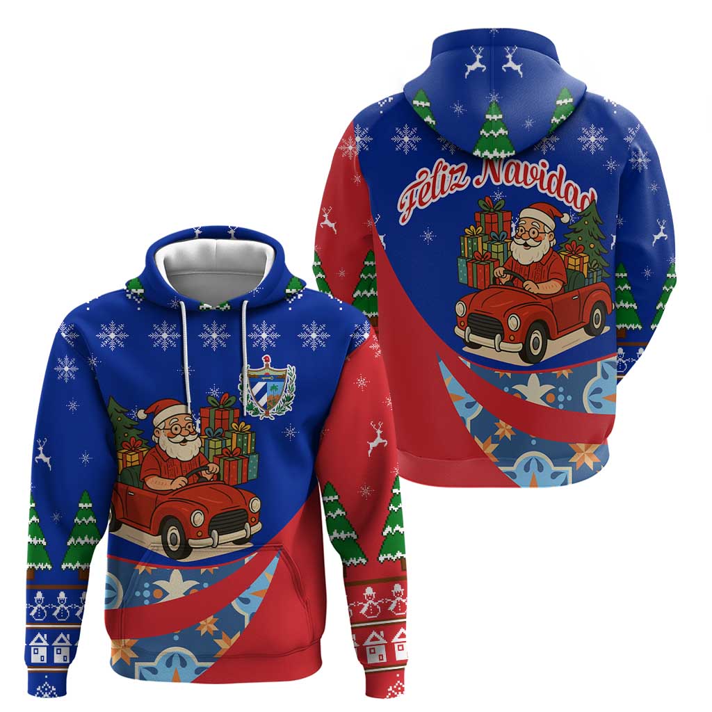 Cuba Christmas Hoodie with Santa Driving Classic Car Cuban Seal Feliz Navidad and Holiday Gift - Wonder Print Shop